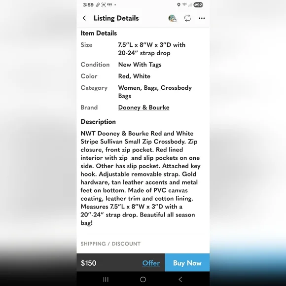 Dooney & Bourke Red and White Striped Crossbody Bag - Picture 4 of 4